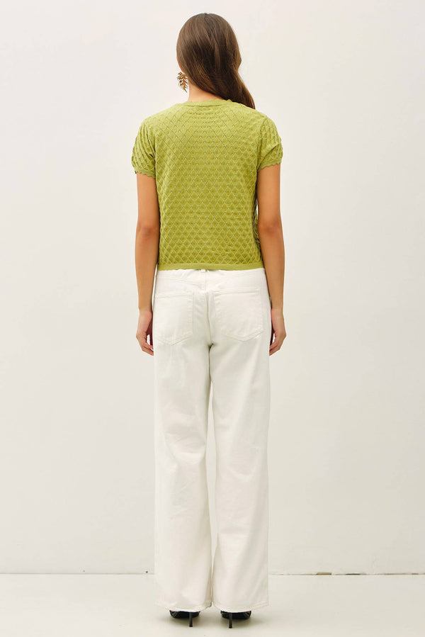POINTELLE STITCH SHORT SLEEVE CARDIGAN-Blue Hand Home
