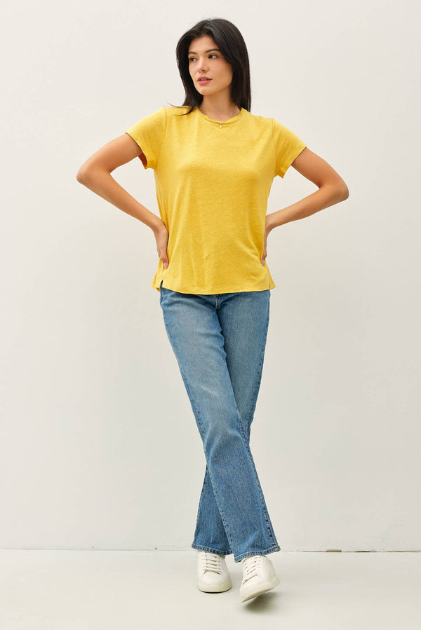 Classic Round Neck Split Hem T-Shirt-Blue Hand Home