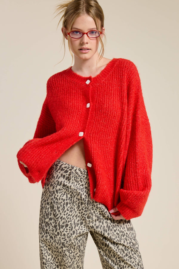Balloon Sleeve Knit Cardigan-Blue Hand Home