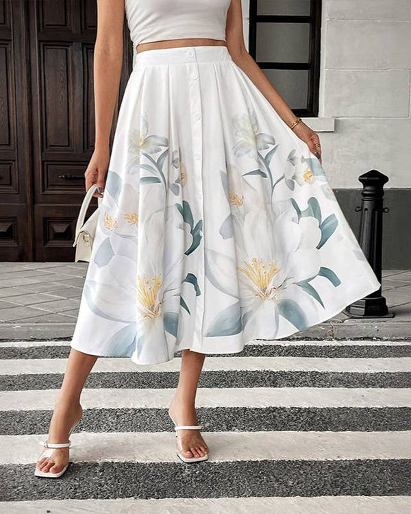 Casual Sweet Floral Print Skirt-Blue Hand Home