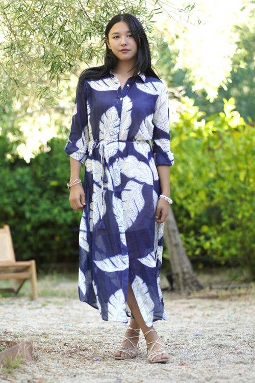 Reine Shirt Dress- Navy Leaves-Blue Hand Home
