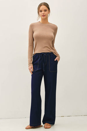 KNIT DENIM WIDE LEG PULL ON PANTS-Blue Hand Home