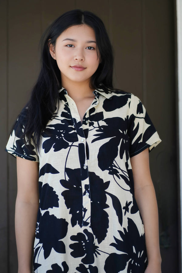 Carrie Cotton Dress Black Ivory-Blue Hand Home