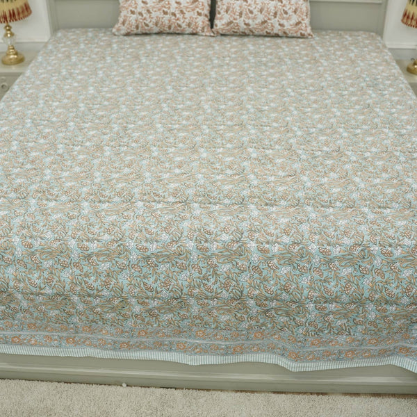 Bohemian Block Bedsheet With Pillow Cover -Throny Stems-Blue Hand Home