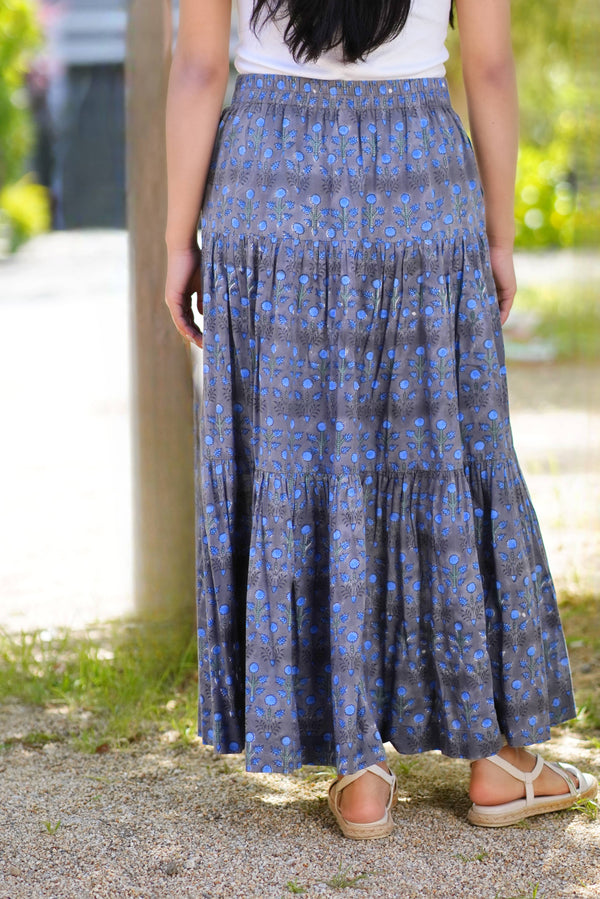 Block Printed Tiered Cotton Skirt- Grey Blue -Blue Hand Home