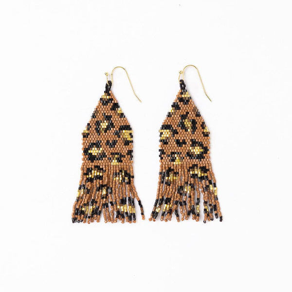 Delilah Cheetah Print Beaded Fringe Earrings Mocha, Black, + Gold Wholesale-Blue Hand Home