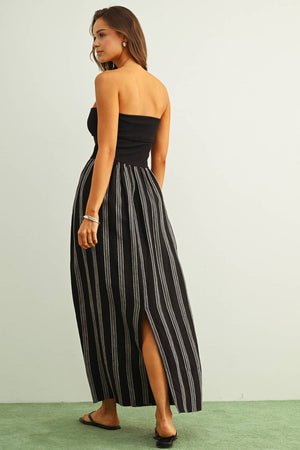 D5725 STRIPED PATTERN KNIT WITH RIBBED TOP COMBINATION DRESS-Blue Hand Home