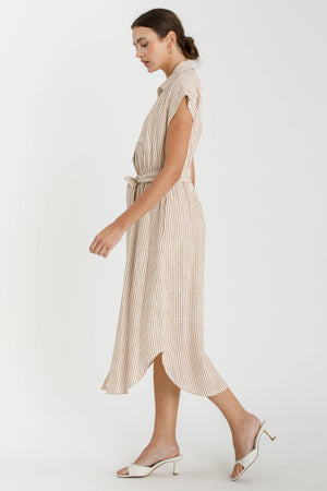 STRIPED UTILITY STYLE SHIRT DRESS W WAIST TIE-Blue Hand Home