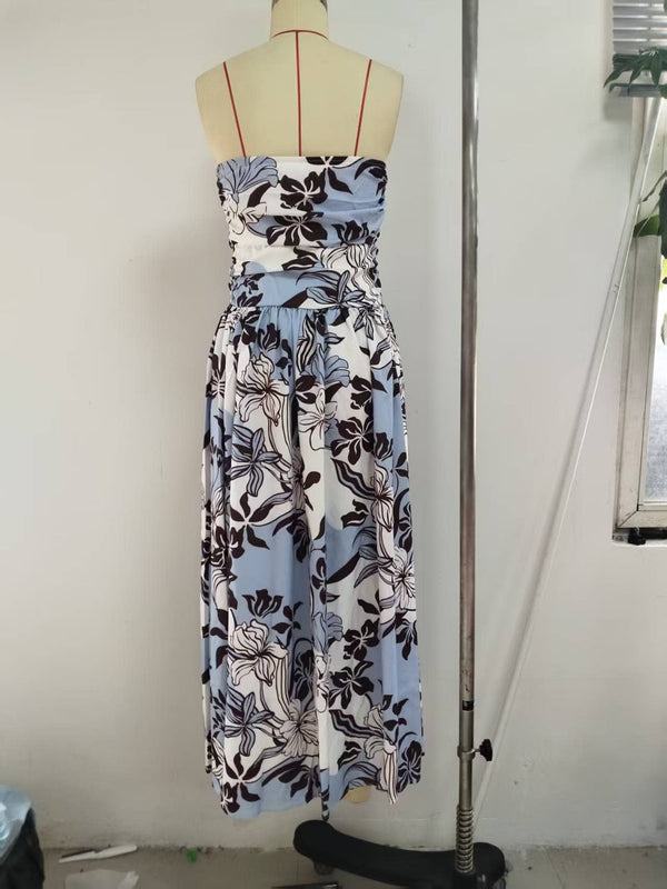 Exquisite floral & botanical strapless maxi cocktail dress-Blue Hand Home