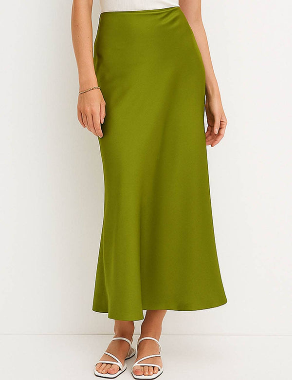 Ladies Solid Color Satin Midi Skirt 5515-Blue Hand Home