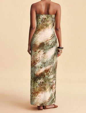 Tropical Floral Print Strapless Maxi Dress Tube Dress-Blue Hand Home