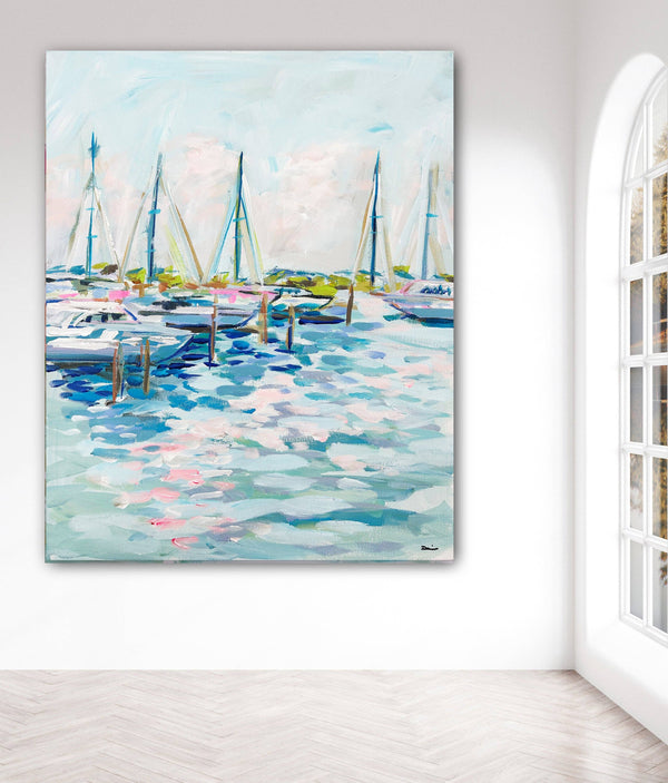 Sailboats Print on Paper, "Marina at Dusk"-Blue Hand Home