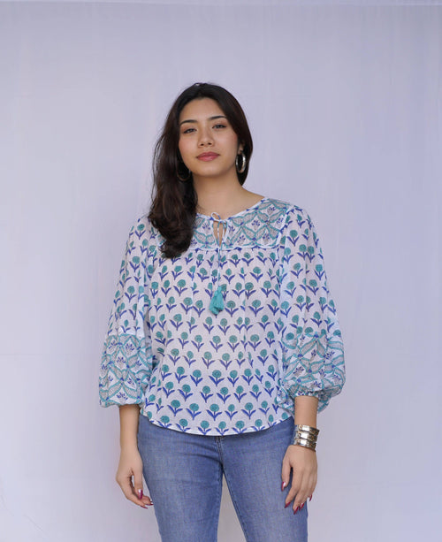 Aqua Bloom Peasant Top - Turquoise/Navy