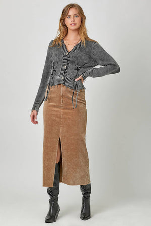 60742 Washed Front Slit Corduroy Skirt-Blue Hand Home