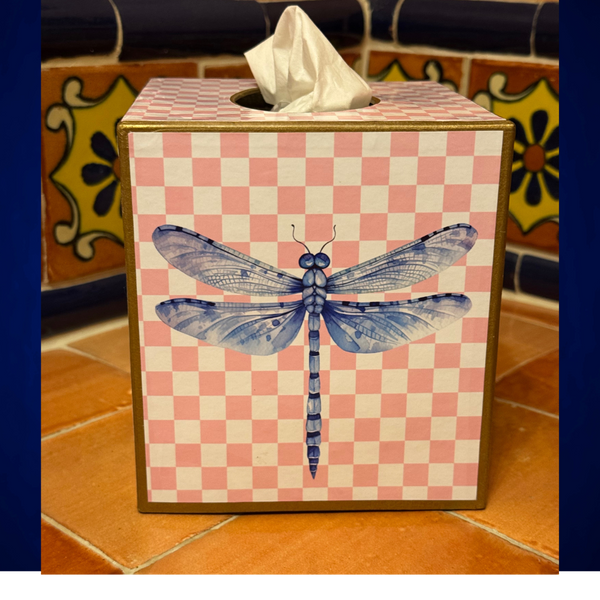 Paper Mache Kleenex Box with chinoiserie vase and dragonfly-Blue Hand Home