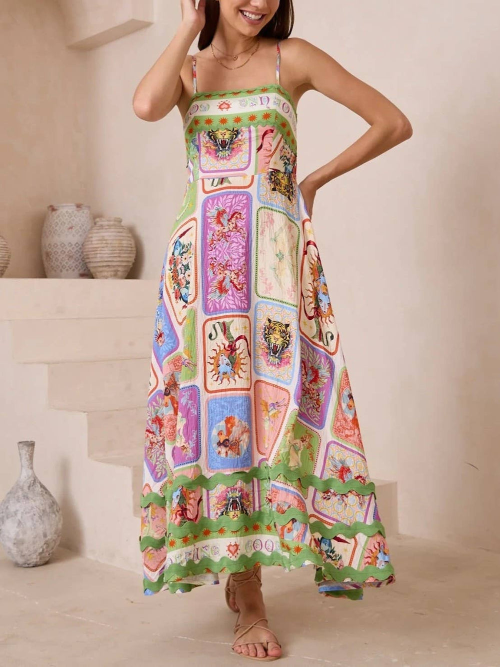 Resort Unique Bold Graffiti Print Slip Maxi Dress-Blue Hand Home