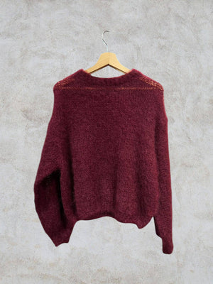 Round neck long sleeve sweater in 80% kid mohair: Kaki / One size-Blue Hand Home