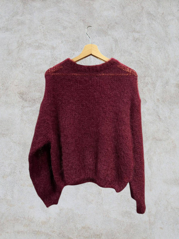 Round neck long sleeve sweater in 80% kid mohair: Navy Blue / One size-Blue Hand Home