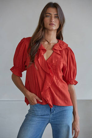 L8439 | Woven Cotton Buttondown V-Neck Short Sleeve Top