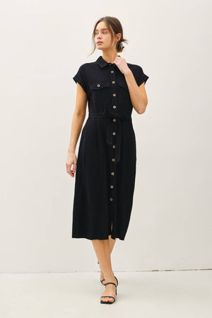 BUTTON UP MIDI DRESS W/ UTILITY STYLE POCKETS-Blue Hand Home