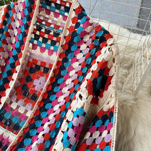 BOHO Color Blocks Crochet Cardigan long maxi cover-up-Blue Hand Home