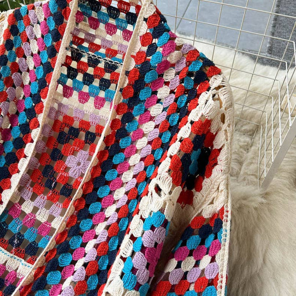 BOHO Color Blocks Crochet Cardigan long maxi cover-up-Blue Hand Home