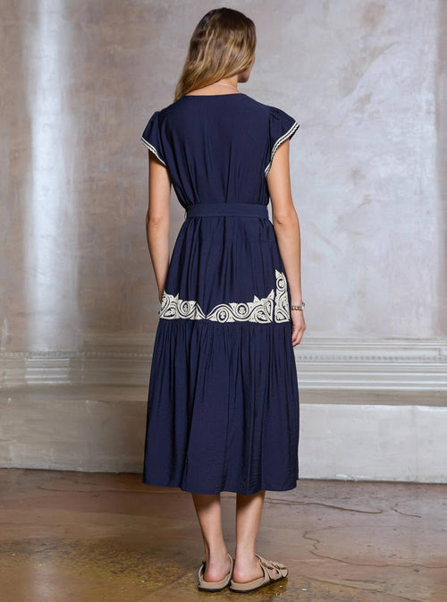 Boho Embroidery Cap Sleeve Midi Dress-Blue Hand Home