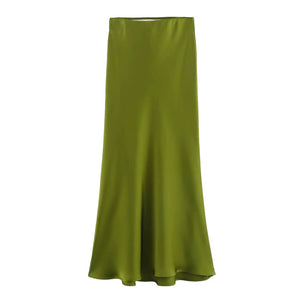Ladies Solid Color Satin Midi Skirt 5515-Blue Hand Home