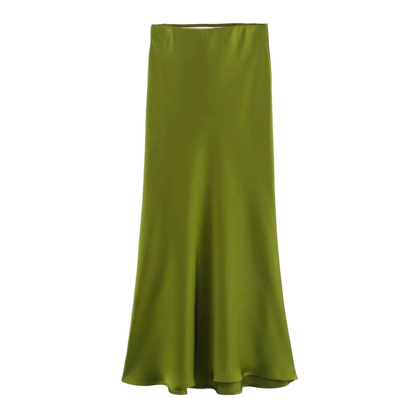 Ladies Solid Color Satin Midi Skirt 5515-Blue Hand Home
