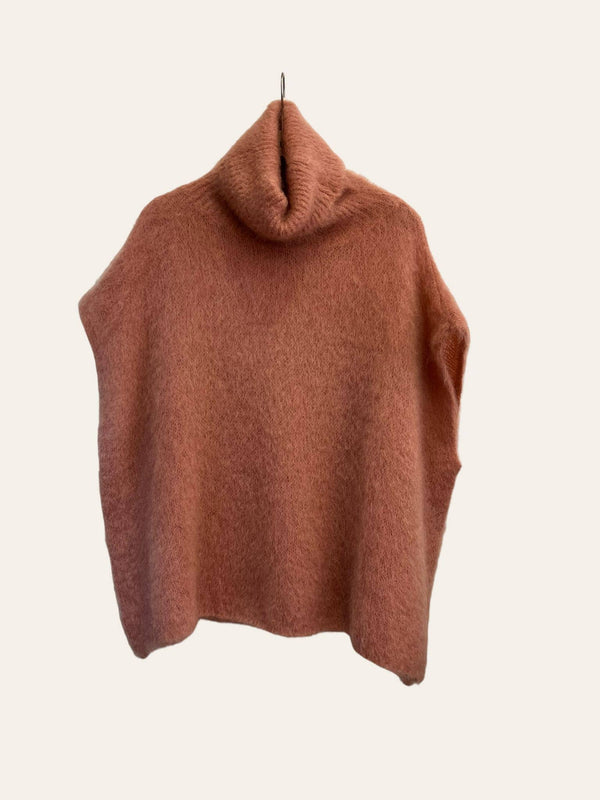 80% Kid Mohair Turtleneck Poncho Sweater: Black / One Size-Blue Hand Home