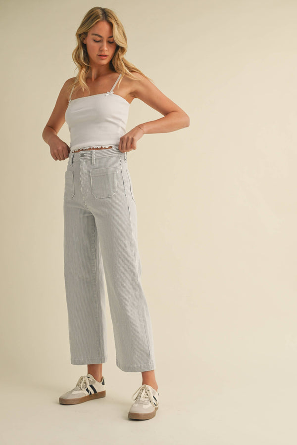 BP433J - STRIPE - Patch Pocket Wide Leg-Blue Hand Home