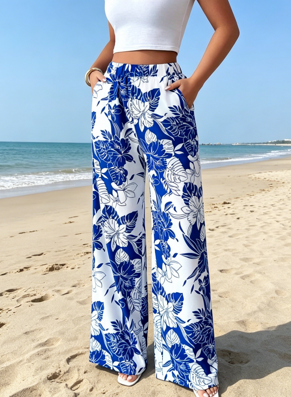 Vacation Tropical Floral Print Wide Leg Pants