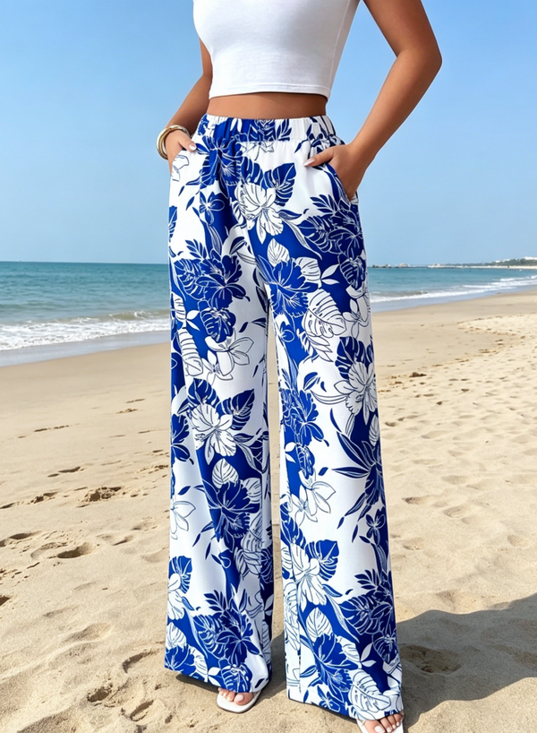 Vacation Tropical Floral Print Wide Leg Pants