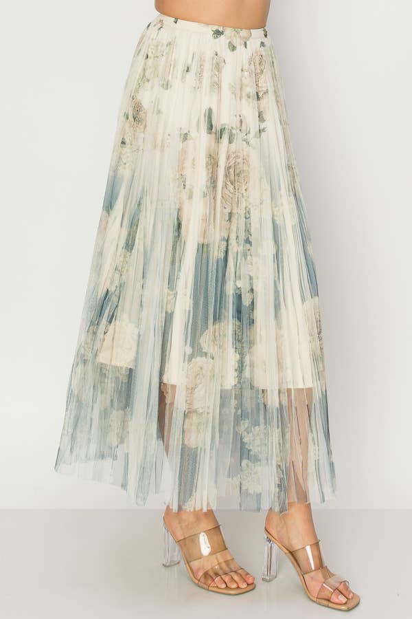 Chic Lined Pleated Tulle Midi Skirt With Elastic Waist - 4034 BG/DD NAVY FL-Blue Hand Home