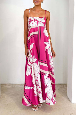 2025 Tropical botanical Floral thin strap flare swing dress-Blue Hand Home