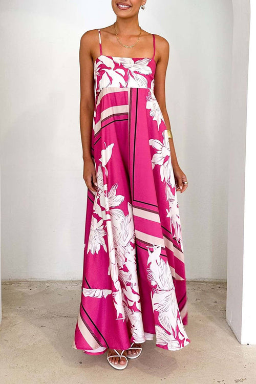 2025 Tropical botanical Floral thin strap flare swing dress-Blue Hand Home