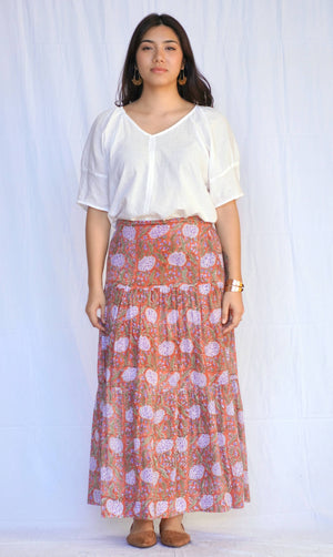 Block Printed Tiered Cotton Skirt Brown Multi -Blue Hand Home