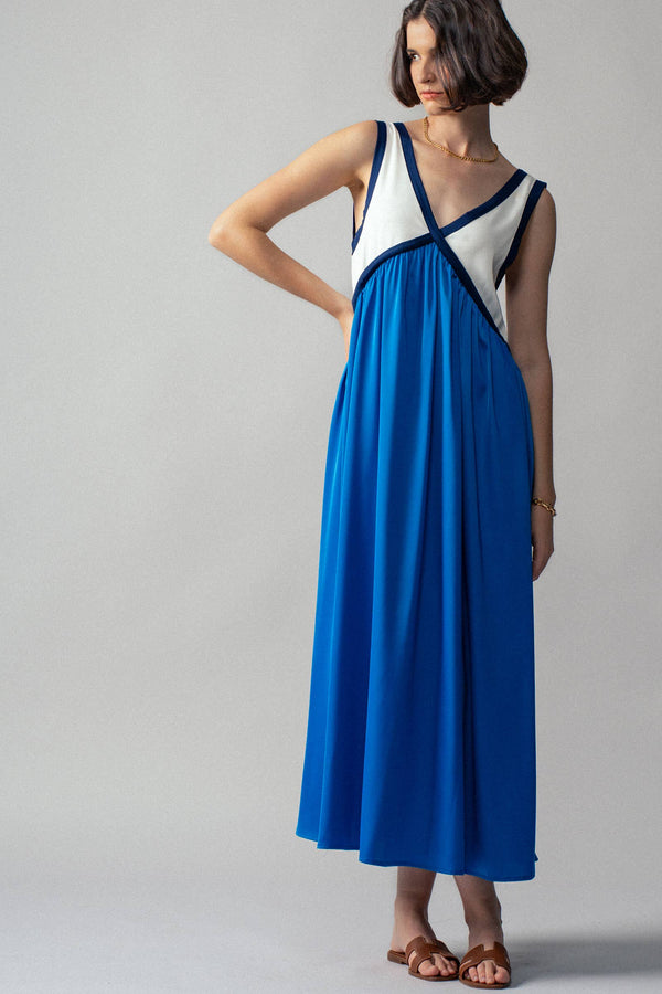 Contrast Piping Empire Waist Dress-Blue Hand Home