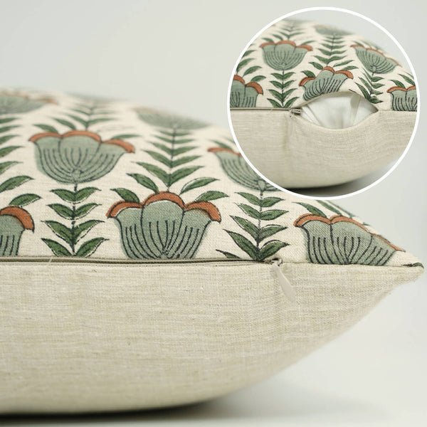 Unique Block Print Linen Blend Pillow Cover - Lotus-Blue Hand Home