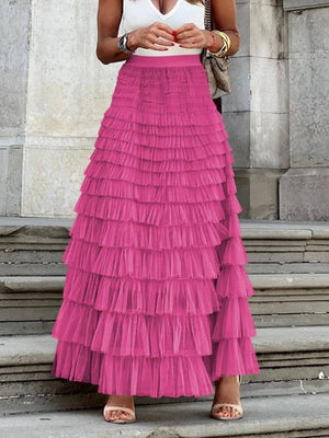 Elastic waist ruffle tulle maxi skirt-Blue Hand Home