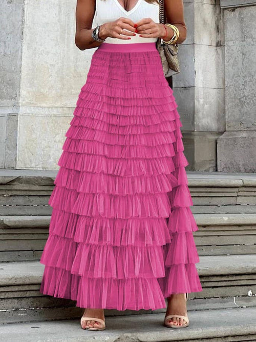 Elastic waist ruffle tulle maxi skirt-Blue Hand Home