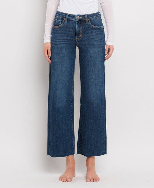 TUMMY CONTROL MID RISE DARK WASH WIDE LEG JEANS LV1311-Blue Hand Home