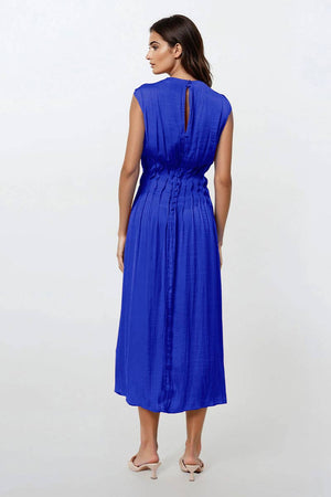 Silky Pleated Waistline Midi Dress-Blue Hand Home
