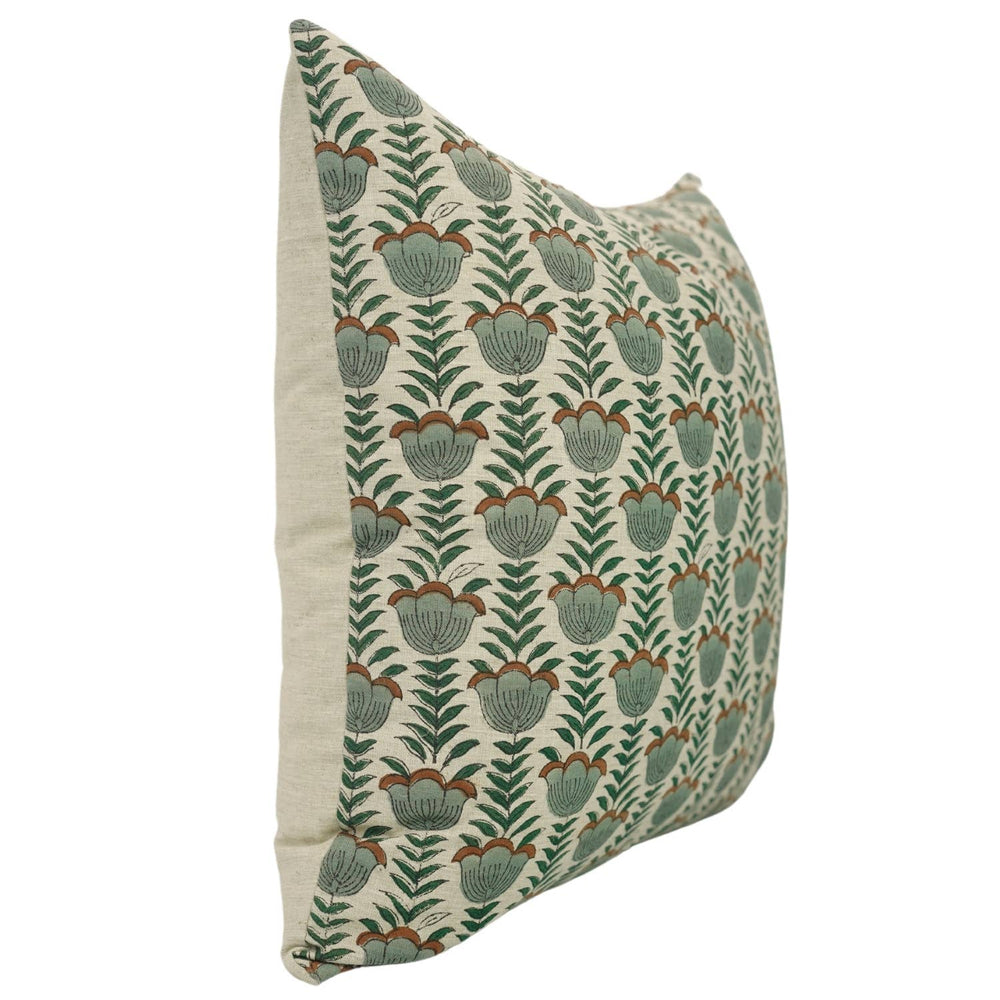 Unique Block Print Linen Blend Pillow Cover - Lotus-Blue Hand Home