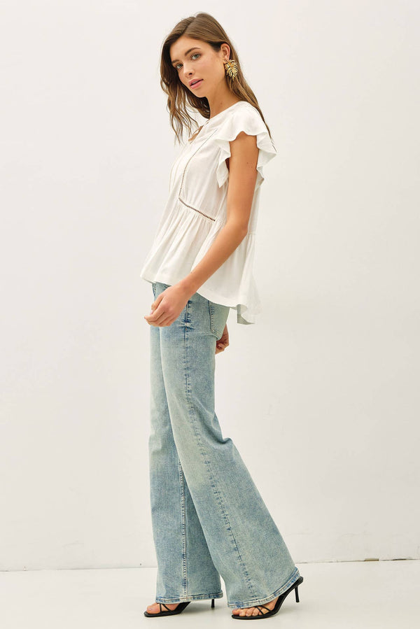 TIE FRONT RUFFLE SLEEVE TOP-Blue Hand Home