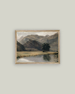 River Mountainscape Framed Antique Art-Blue Hand Home