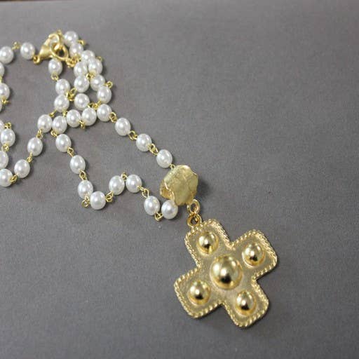 N133P Pearl Rosary Chain with Large 10-inch Gold Cross.-Blue Hand Home