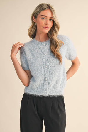 MOHAIR KNIT SHORT SLEEVE SWEATER CARDIGAN MSW11252-Blue Hand Home