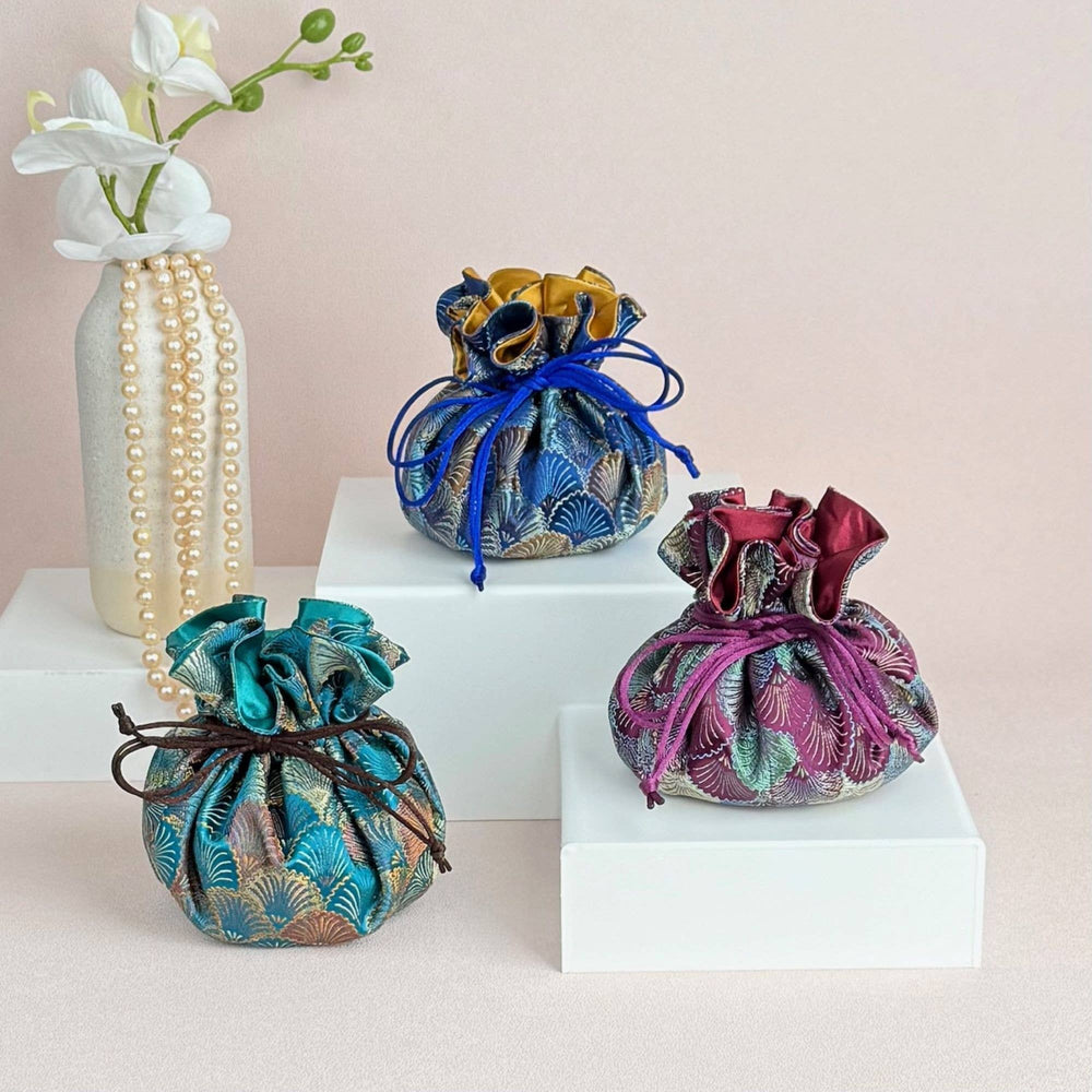 Seashells Brocade Jewelry Pouch-Blue Hand Home