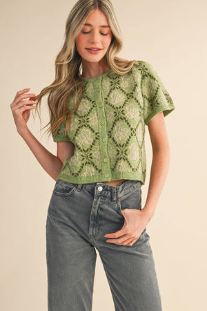 FLORAL SHORT SLEEVE SWEATER CARDIGAN MSW11258-Blue Hand Home